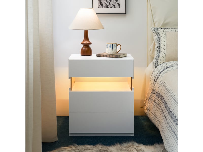  Table de chevet led blanche, 3 tiroirs, panneau acrylique, design moderne  - Conforama B