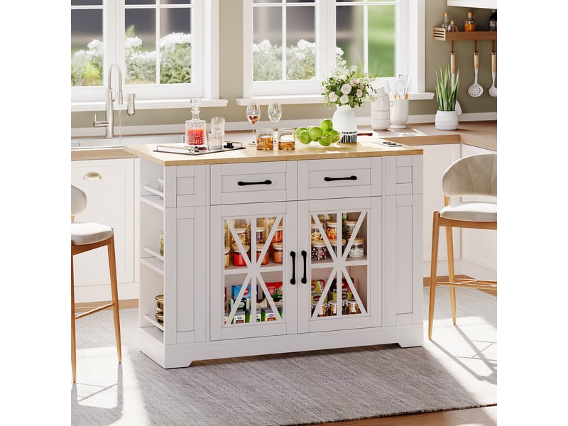  Îlot de cuisine roulant 120cm avec table pliante, prises acusb, portes en verre et étagères, desserte sur roulettes pour salle à manger  - Conforama B
