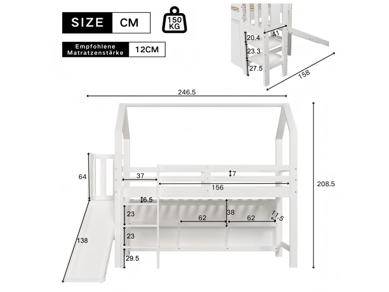  Lit enfant avec toboggan et rangements 90x200 cm - bois massif et mdf blanc  - Conforama C