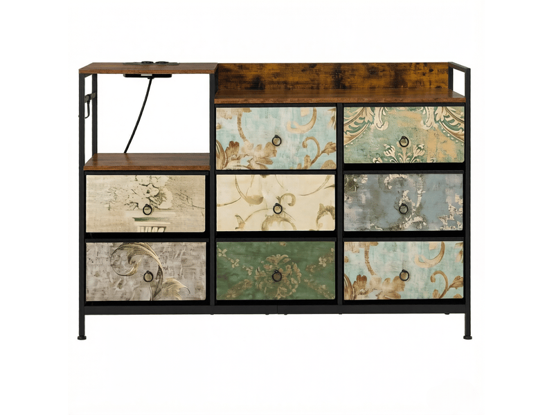 Commode avec 8 tiroirs en tissu, niche ouverte, prises et ports usb pour chambre ou une entrée, 132 × 29 × 88 cm - Conforama A