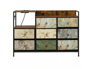 Commode avec 8 tiroirs en tissu, niche ouverte, prises et ports usb pour chambre ou une entrée, 132 × 29 × 88 cm