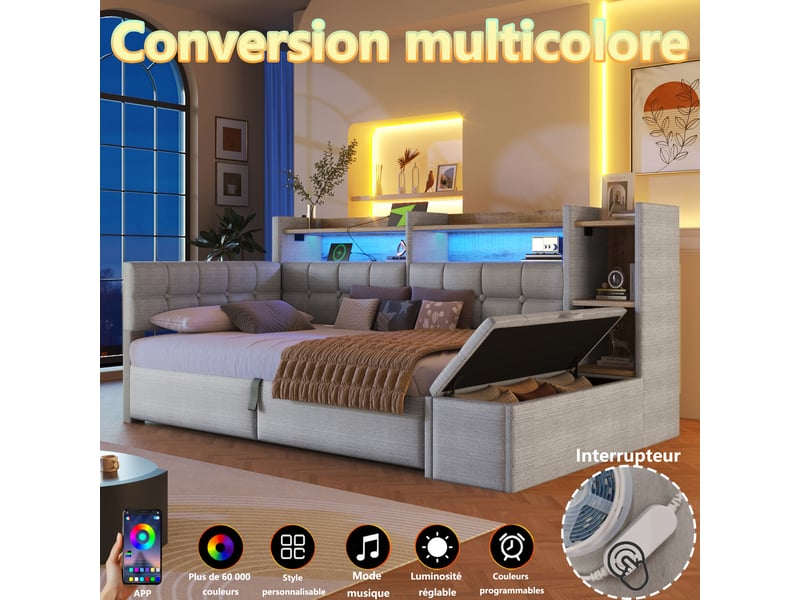  Lit coffre hydraulique 90x200 cm avec led multicolore, usb et usb-c et banc coffre, velours gris, sans matelas  - Conforama D