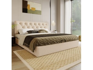 Lit coffre 2 places 160x200 cm avec tête réglable, sommier relevable, structure métal, revêtement lin naturel, matelas inclus