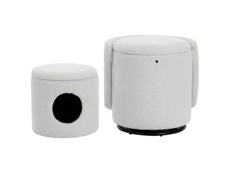  Fauteuil pivotant 360° avec rangement intégré et pouf , assise rembourrée en tissu teddy blanc, 53×50×47 cm  - Conforama A