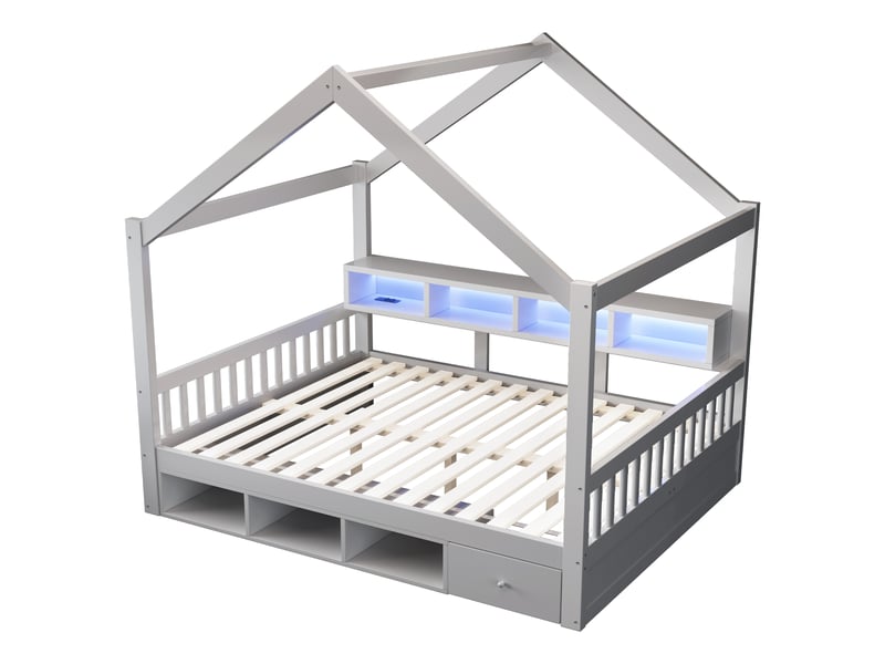  Lit cabine pour enfant 140 × 200 cm – avec espaces de rangement – ​​avec 1 tiroir – avec éclairage led – avec prise électrique – gris (matelas non inclus)  - Conforama R