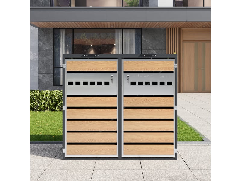 Abri poubelle à double compartiment avec couvercle relevable verrouillable - en acier gris et bois - Conforama E