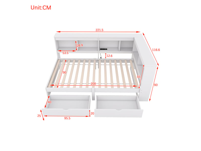  Lit de jour 90 x 200 cm blanc avec 2 tiroirs, prise et 2 ports usb  - Conforama E