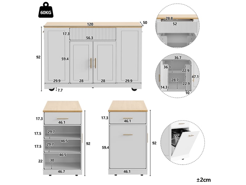 Îlot de cuisine mobile 120x50x92 cm, 2 portes, 3 tiroirs et rangement poubelle - Conforama C