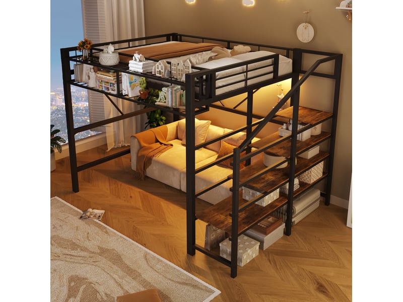  Lit mezzanine modenvie 140 x 200 cm en métal et mdf avec étagères à marches led rangement ouvert noir  - Conforama E