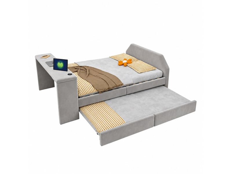  Lit enfant 140 x 200 cm rembourré avec bureau intégré, lit gigogne 90 x 200 cm et prise usb, velours gris, sans matelas  - Conforama A