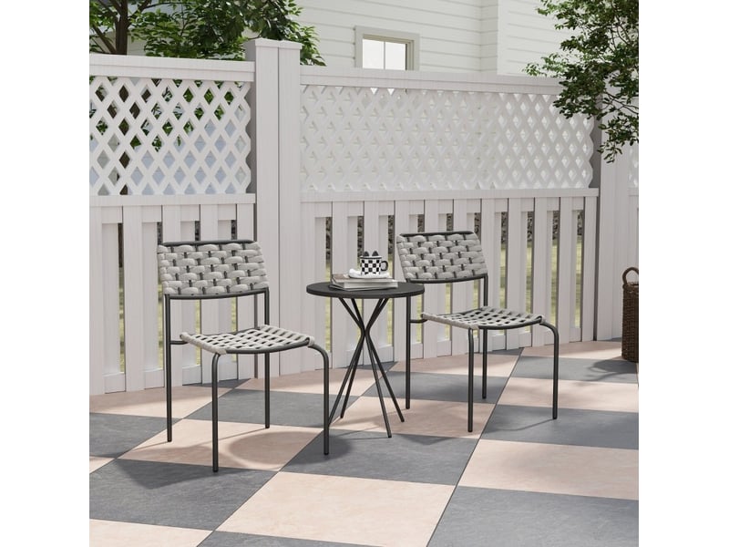 Salon de jardin 3 pièces gris en acier, 2 chaises empilables et table ronde pour balcon et terrasse - Conforama D