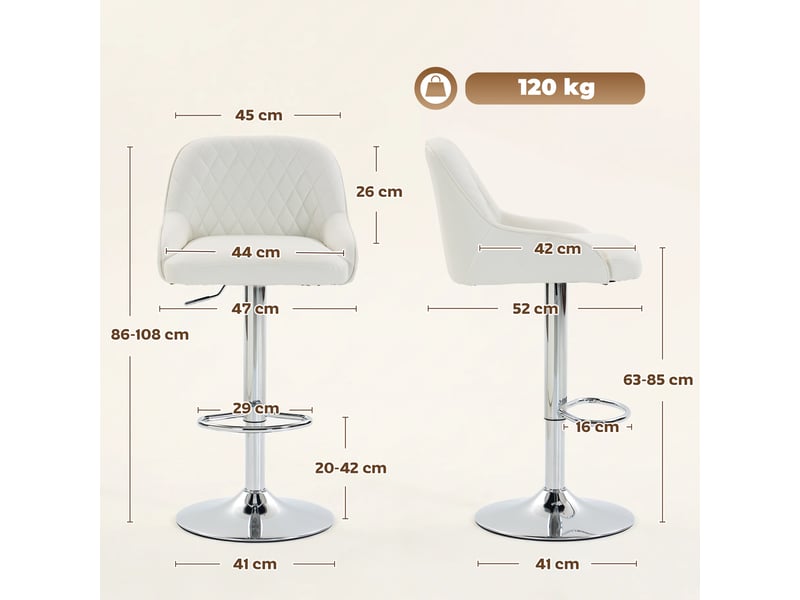  Ensemble de 2 tabourets de bar pivotants et réglables en hauteur avec dossier, similicuir, blanc  - Conforama E