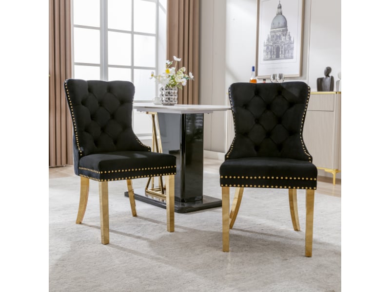  Lot de 2 chaises de salle à manger en velours avec heurtoir à l'arrière,garniture en tête de clou et pieds en acier inoxydable plaqué or,noir chaise noir - Conforama B