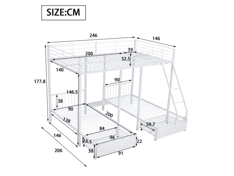  Lit superpose avec rangement lit superpose avec rangement métallique avec tiroirs, transformable en 1 lit double 140×200 cm et 2 lits simples 90×200 ,blanc  - Conforama C