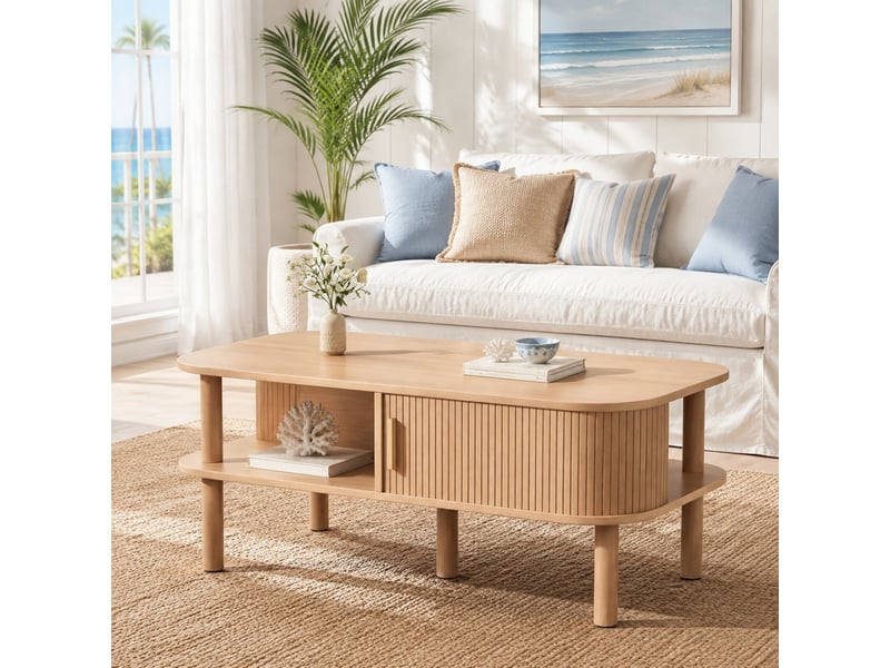  Table basse avec porte coulissante et rangement pour salon en mdf 110×55×45 cm bois naturel  - Conforama B