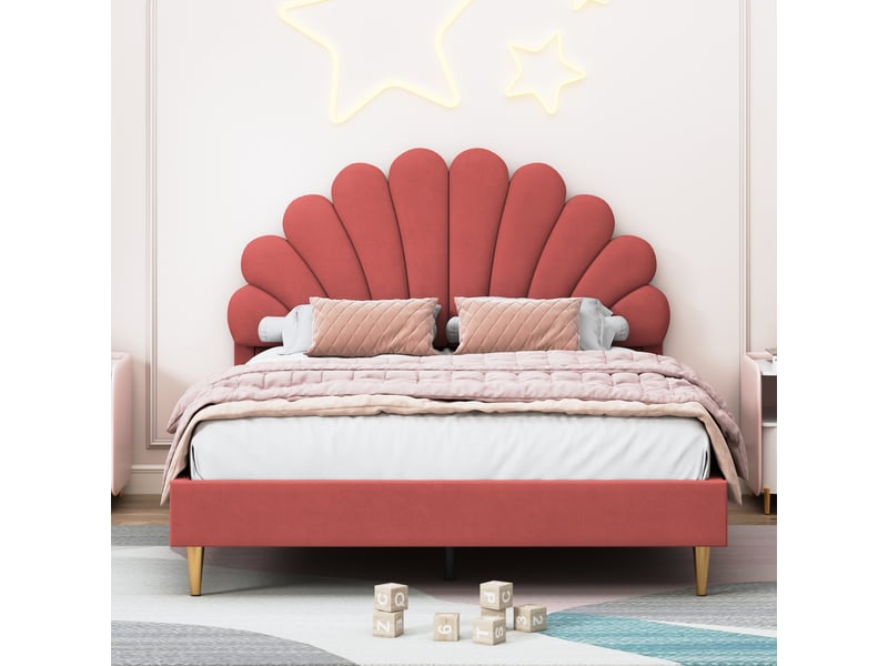  Lit enfant 140x200 cm avec tête de lit fleur et sommier à lattes, lit 2 places, tissu velours, bordeaux, sans matelas  - Conforama R