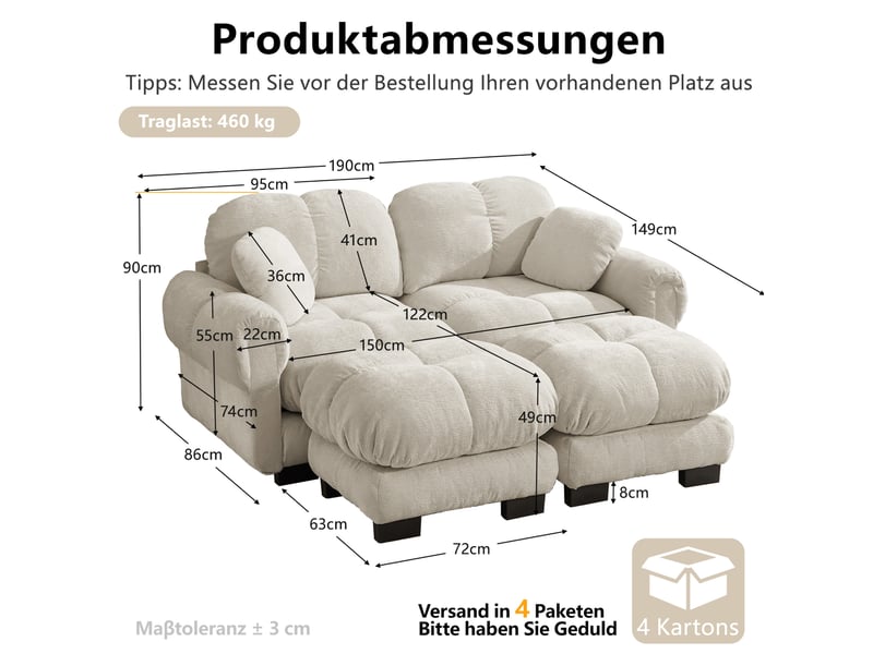  Canapé 2 places avec module en u, conception steppée fine, style élégant, coussin d'épaisseur, doux et soutenant, avec ottoman mobile, facile à monter, idéal pour le salon, khaki clair  - Conforama C
