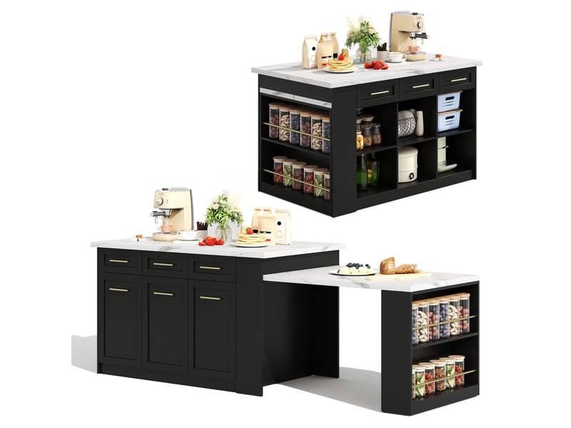  Îlot de cuisine meuble de cuisine rangement intégré table repas extensible plateau en bois effet marbre blanc conception multifonctionnelle espace repas convivial  - Conforama A