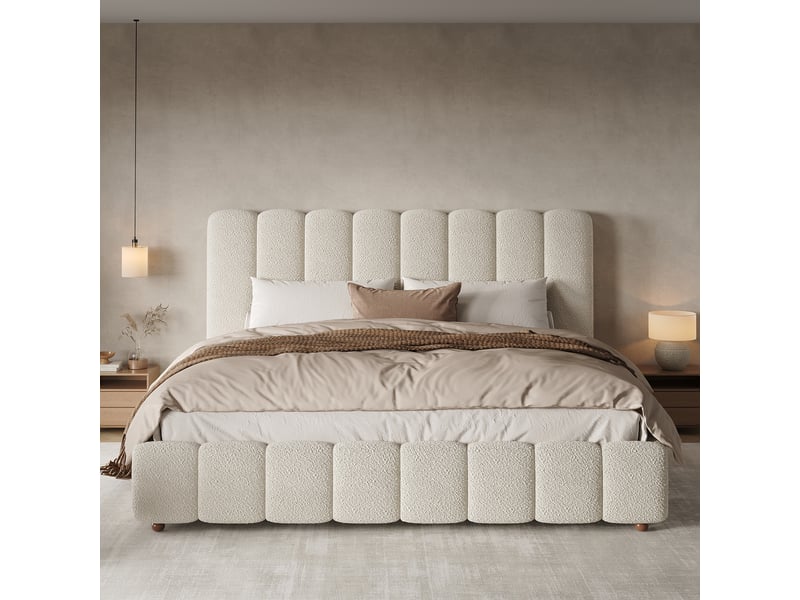  Lit double rembourré 160 x 200 cm avec sommier à lattes, tête de lit capitonnée et pieds en bois massif, bouclé blanc  - Conforama D