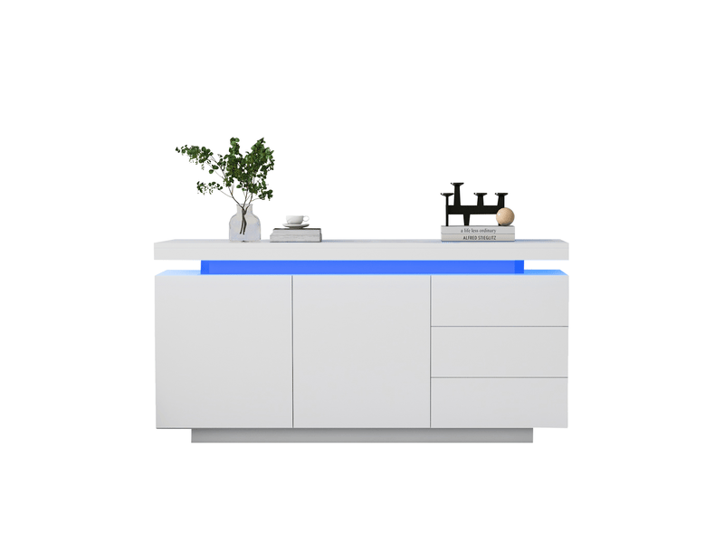 Buffet modenvie blanc brillant avec led rgb 140 x 35 x 72,5 cm 2 portes 3 tiroirs  - Conforama A