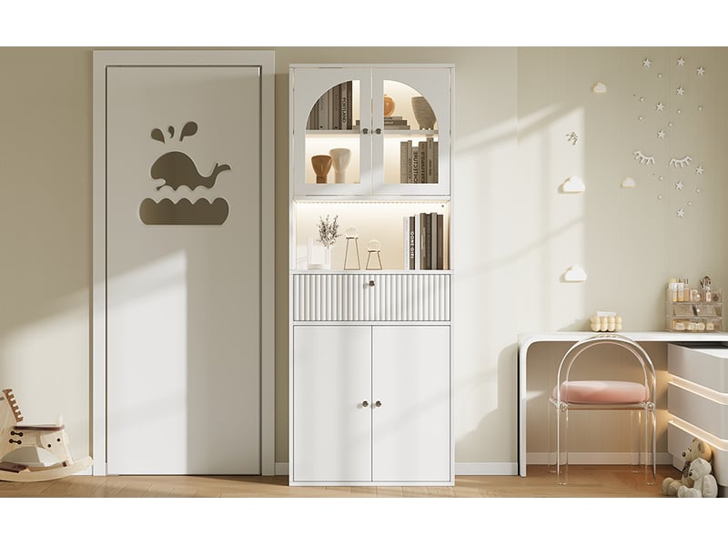  Vitrine led avec 4 portes vitrées et fermées, tiroir et niche ouverte, éclairage rgb, pour salon, blanc, 70 × 35 × 180 cm  - Conforama B