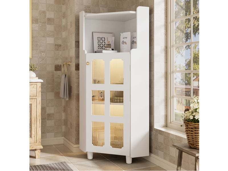  Meuble d'angle led avec 2 portes vitrées et niche ouverte, rangement pour salle de bain ou salon, mdf blanc laqué  - Conforama B