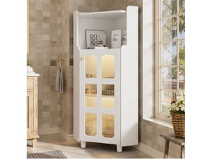 Meuble d'angle led avec 2 portes vitrées et niche ouverte, rangement pour salle de bain ou salon, mdf blanc laqué