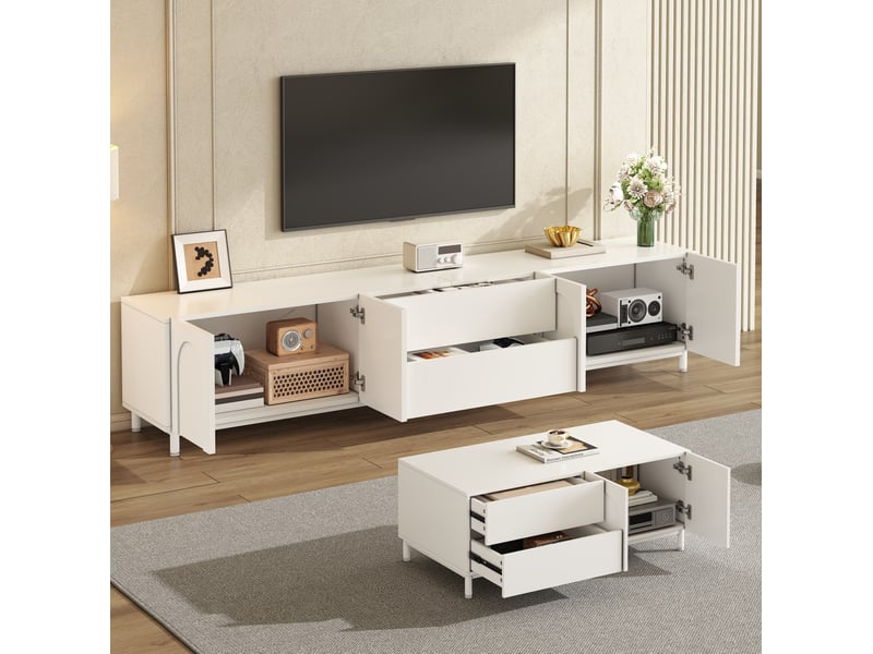  Ensemble meuble tv et table basse 180x40x48 cm + 100x50x39,5 cm, portes cintrées, en mdf et aggloméré, couleur blanche  - Conforama E