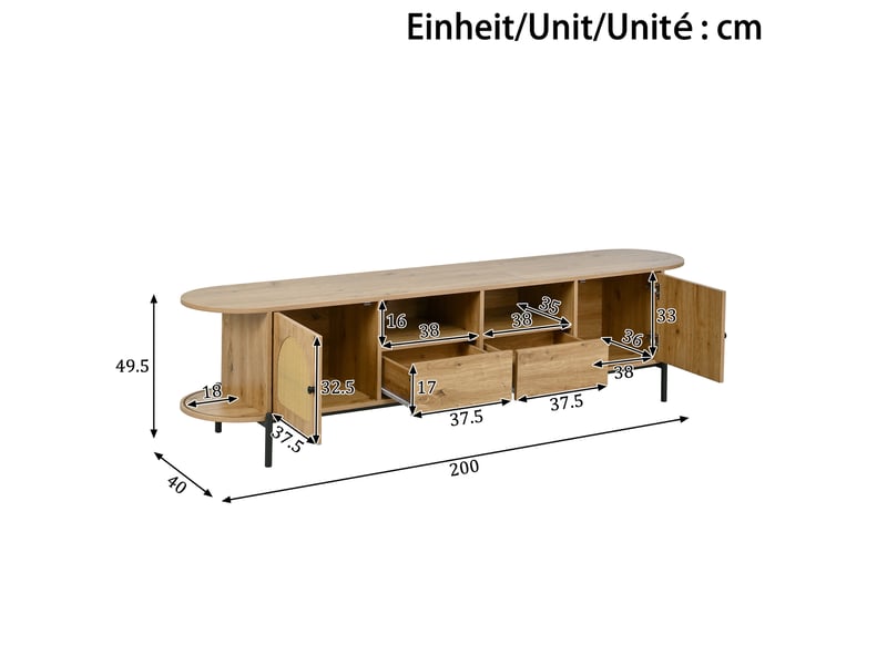  Meuble tv ulevr ovale avec rangement, portes en rotin, 2 tiroirs et passe-câbles, mdf naturel, 200 x 40 x 49,5 cm  - Conforama C