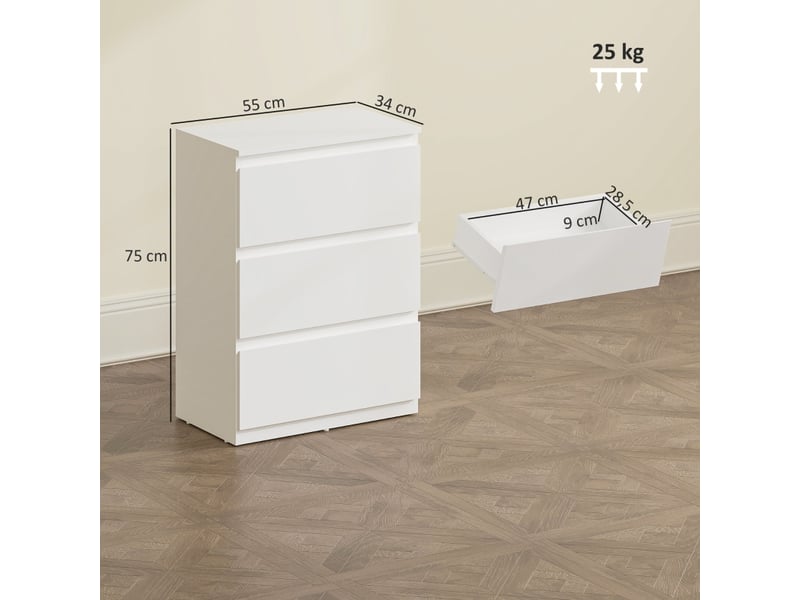  Commode 3 tiroirs sans poignées pour chambre en panneaux de particules 55×34×75 cm blanc  - Conforama D