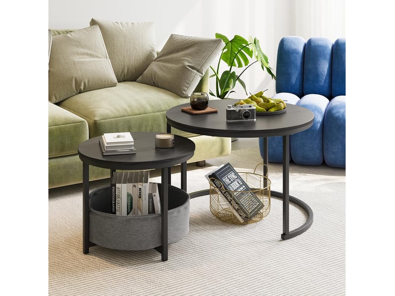  Tables basses gigognes rondes x2 avec sac de rangement, métal et bois, noir ancien  - Conforama D