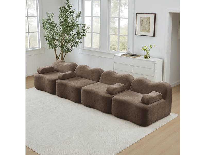  Canapé modulable 4 places en velours marron forme vague 384 x 98 x 70 cm  - Conforama C