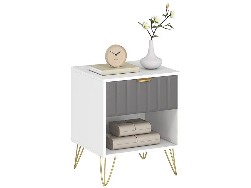  Table de chevet, table d'appoint compartiment ouvert, tiroir et poignée, pieds en acier, 45 x 40 x 55, blanc  - Conforama A