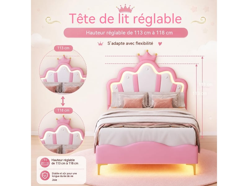  Lit jeune fille 90x200 cm cadre de lit rembourré simili cuir pu, tête de lit couronnée réglable, éclairage led rgb tête + sous lit, lit princesse pour chambre enfant  - Conforama D