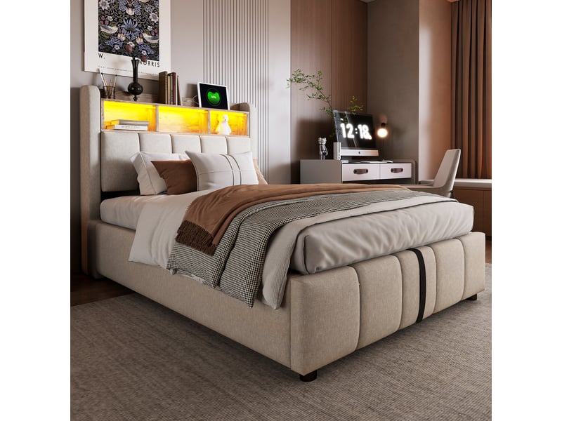  Lit coffre simple 90×200 cm avec led réglable, usb, type-c et rangements - okmyhome- beige, matelas inclus  - Conforama B