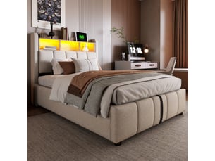 Lit coffre 90x200 cm <strong>OKMYHOME</strong>  <strong></strong> coloris beige