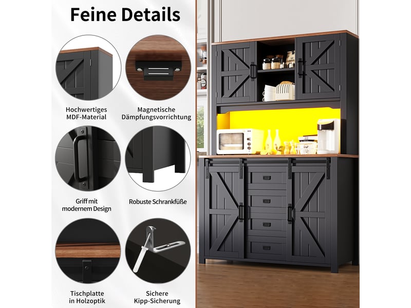 Buffet 115x40x175 cm noir et blanc avec portes coulissantes et éclairage led intégré - Conforama D