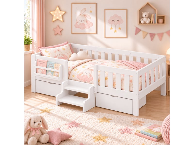  Lit enfant 90x200 cm, lit avec rangement, 2 tiroirs, bibliothèque, marche 2 niveaux, barrières, sommier, blanc CozyNest - Conforama E