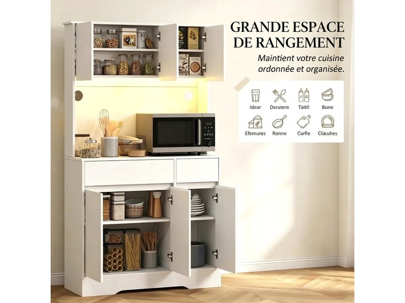  Buffet de cuisine haut 100x38x180 cm avec led rgb, 6 portes, 2 tiroirs et plan de travail  - Conforama D