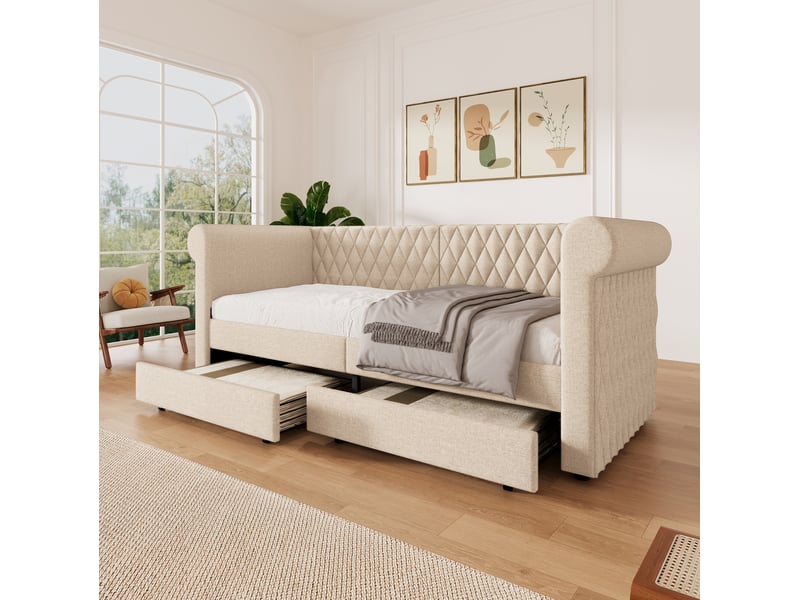  Modenvie lit banquette 90x200 cm - avec 2 tiroirs de rangement en tissu lin, sans matelas - beige  - Conforama D