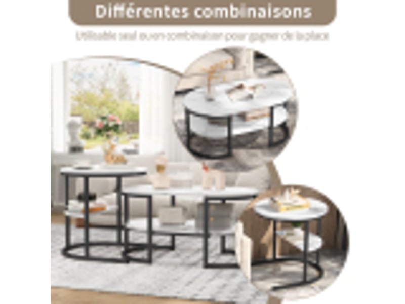 Lot de 2 tables basses 80x46x41 cm, table gigogne design marbre, avec espace de rangement, table d'appoint moderne en faux marbre pour salon, chambre à coucher, (noir, oval)  - Conforama D