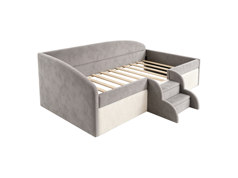  Lit simple 90x190 cm - lit rembourré avec barrières et marches antidérapantes - gris  - Conforama W