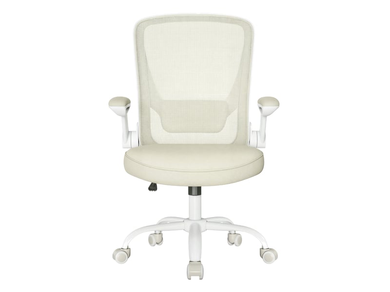  Fauteuil de bureau ergonomique, assise large 53 cm, accoudoirs rabattables, chaise de travail, support lombaire, tissu maille, pour chambre ou bureau, beige  - Conforama A