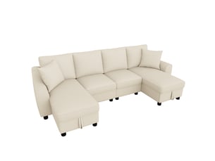 Canapé panoramique en u, tissu chenille beige 4 places, canapé d'angle modulable avec coffre de rangement pour grand salon moderne
