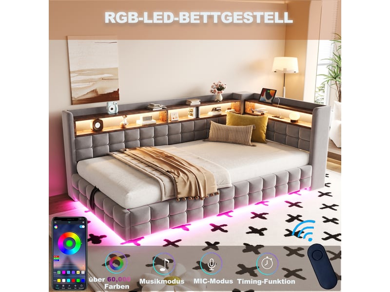  Lit coffre 90x200 cm - lit simple avec rangement hydraulique - tête de lit led, usb &amp; type-c - étagères - gris  - Conforama E