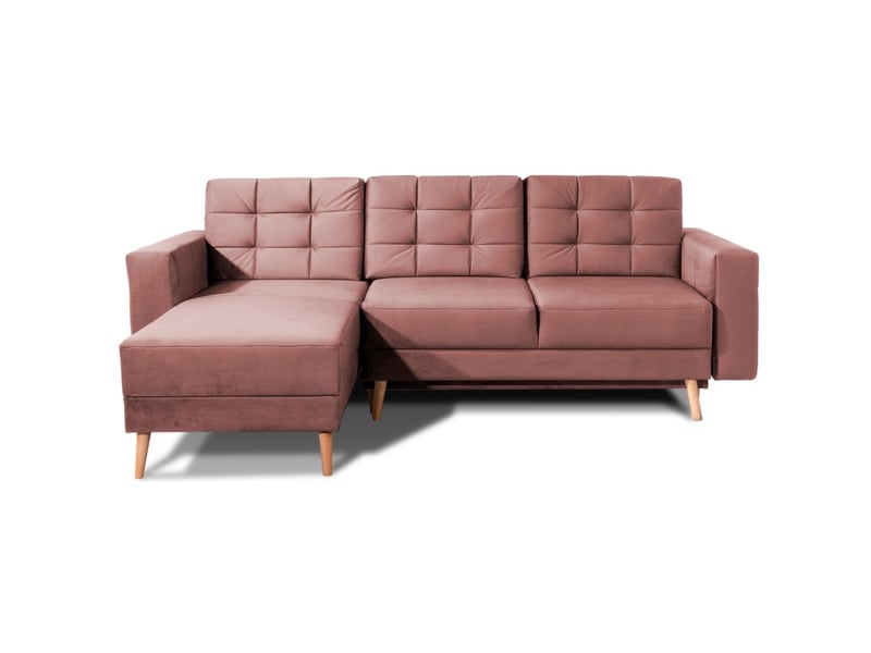  Canapé d'angle convertible hasgard 3 places rose 248x162 cm – coffre et pieds bois  - Conforama A