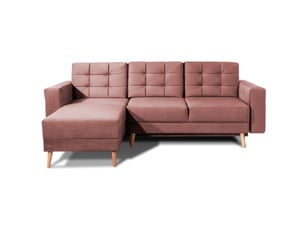 Canapé d'angle convertible hasgard 3 places rose 248x162 cm – coffre et pieds bois