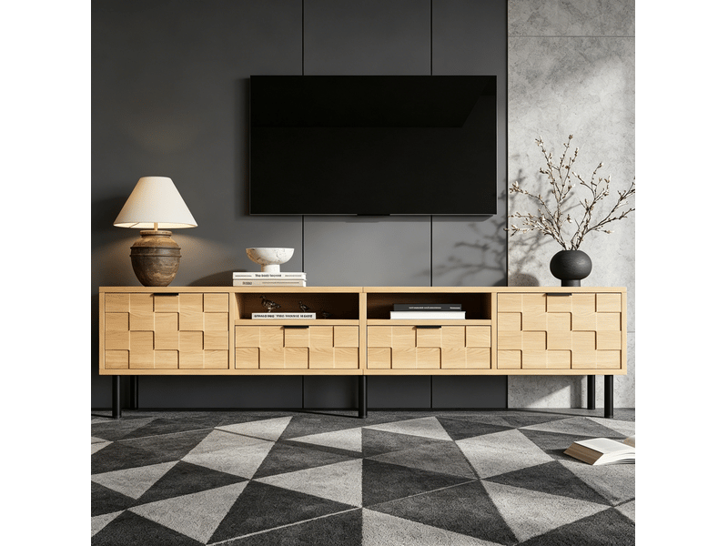  Meuble tv 200 x 35 x 44,5 cm, 2 tiroirs, 2 portes, finition bois clair  - Conforama E