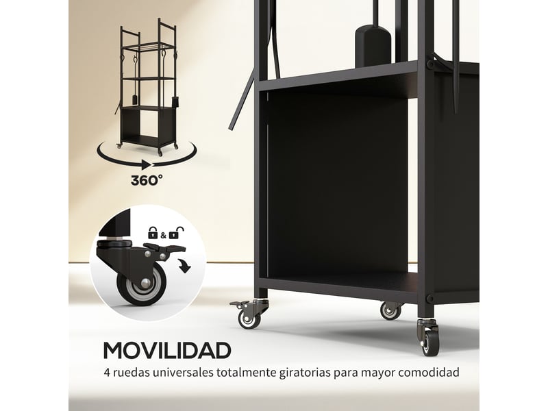  Porte-bûches à roulettes 4 niveaux, métal noir avec 4 outils, 45 x 30 x 118 cm  - Conforama W