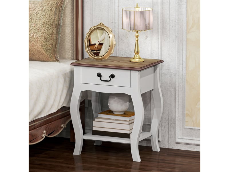  Table de chevet en bois de style français avec tiroir et étagère ouverte, 45 x 35 x 55 cm, blanc et chêne  - Conforama D